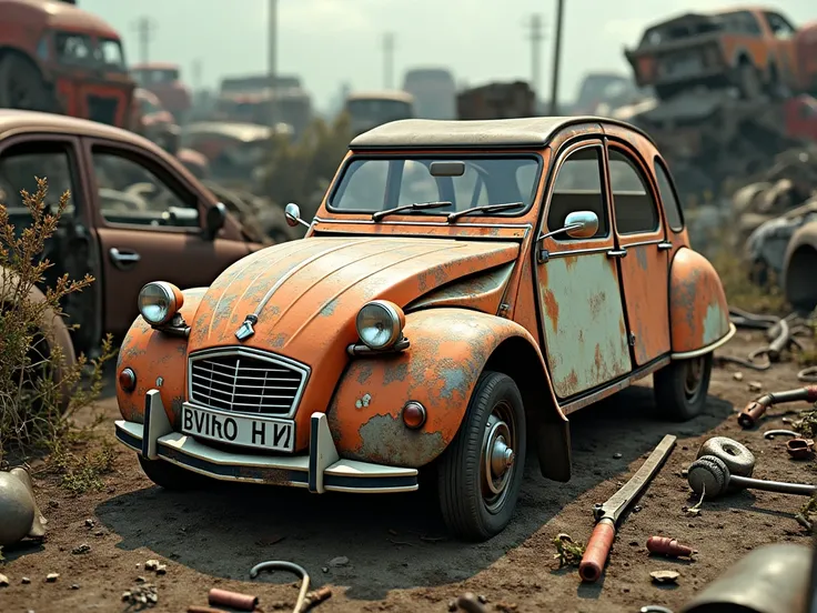 Old broken car 2 CV in a photorealistic car junkyard 