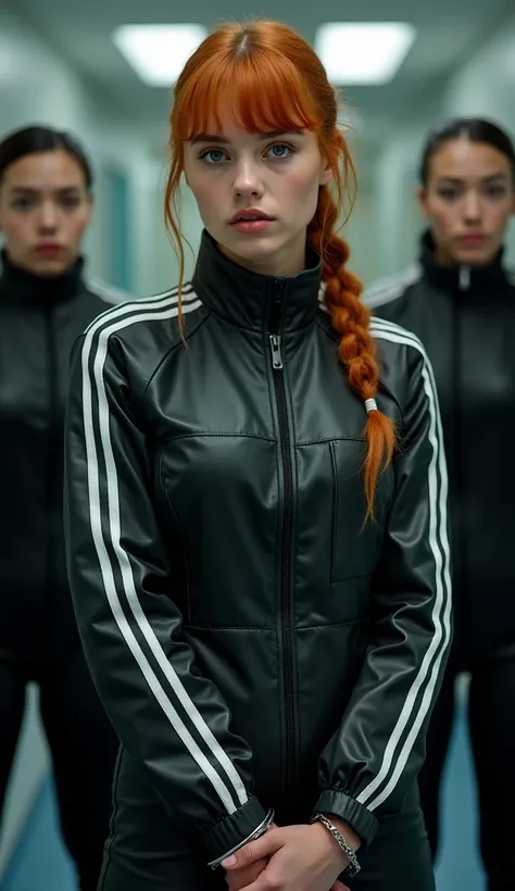 A French girl with ginger hair, braid and fringe haircut, arrested, firmly handcuffed . She's wearing a zipped prisoner jumpsuit with black and white stripes and  rubber boots. She's surronded by chinese female agents in latex catsuit. Fullbody veiw