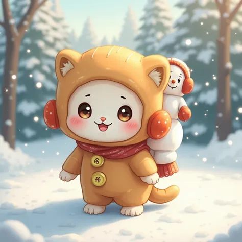   high image quality ,  Masterpiece, A cute little kitten is cosplaying Anpanman 、２ A picture of a cute kitten with earmuffs and a snowman standing on its back legs 