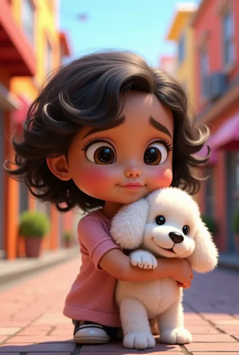 39 month old girl in street clothes、Black wavy long hair、Dark round eyes、Close your mouth completely、Hugging a white ﾄｲﾌﾟｰﾄﾞﾙ baby。Pixar 3D