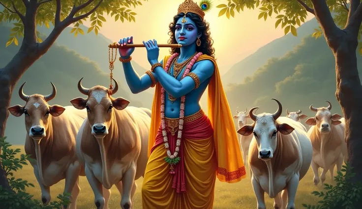  Lord Krishna :

 Krishna is portrayed with dark blue skin ,  symbolizing his divine and infinite nature .

 He is standing or sitting in a graceful posture ,  often with a crossed leg , holding a flute (bansuri) In your hands,  that represents the divine ...