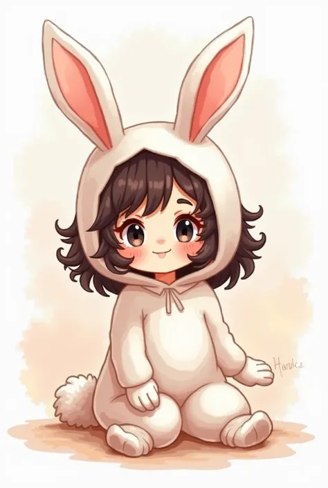 Create for me a  dressed as a cute cartoon bunny this  is  she has curly hair and black eyes, I want her with light and delicate watercolor colors ... She's Sitting and Happy 