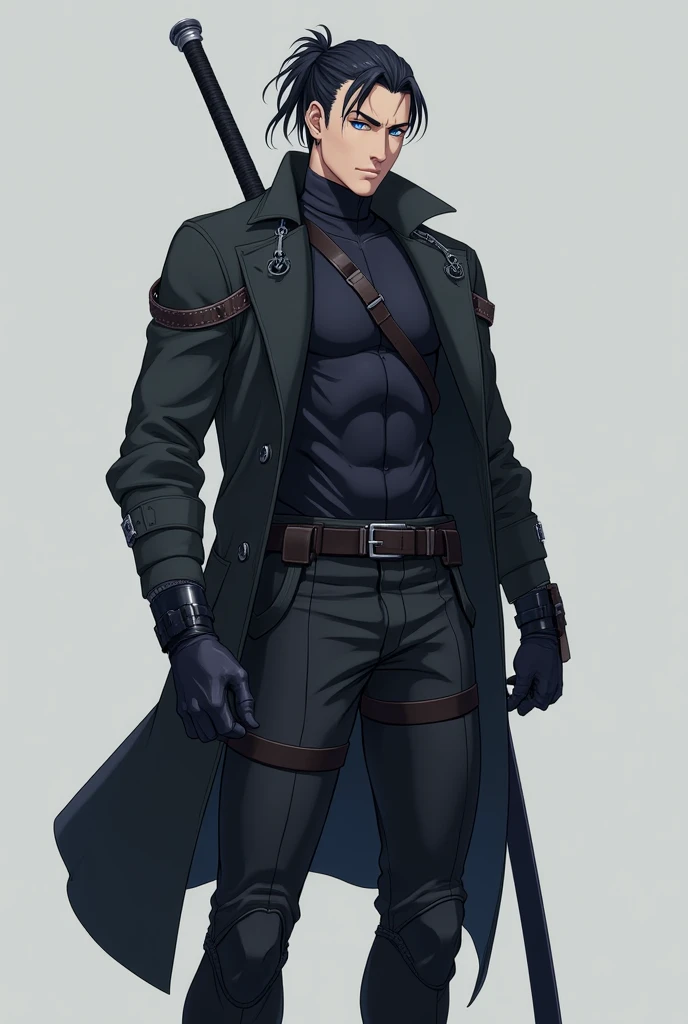 30-year-old man with short black hair,  ponytail with five open ends ,  blue eyes,  expression would be ,  black trench coat with straps ,  black undershirt , mercenary,  tight suit, armored boots color black ,  belt with small pockets ,  harness with stra...