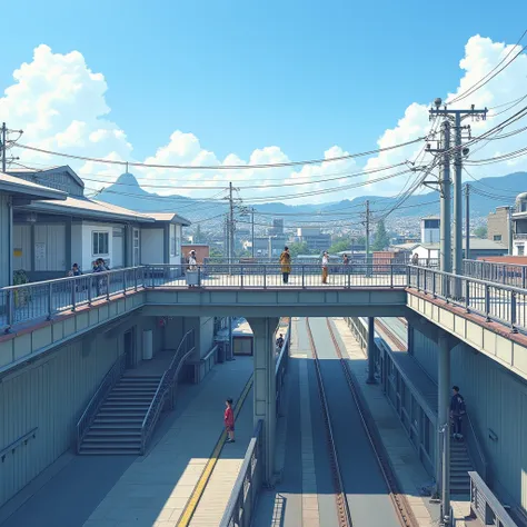 A train station on an overpass
The station building is compact
Stairs to ground
Passengers getting on and off
The height of the overpass is the height of the roof of a private house
Japan
blue sky

Precise photos

Looking from the top of the overpass