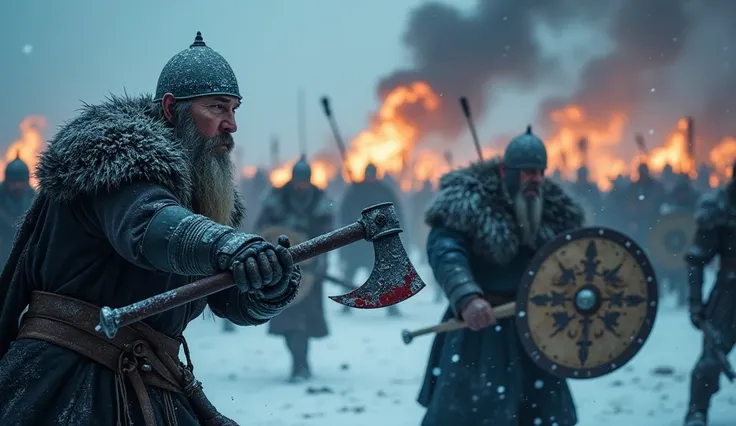 "An epic Viking battle set in a brutal winter, with fierce warriors fighting amidst snow and icy wind. The combatants wear thick furs, leather and metal armour, and wield axes and swords covered in frost and blood. Cinematic lighting highlights the blue an...