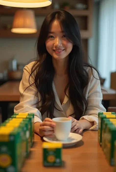 A Japanese woman sitting casually at a dining table, dressed in simple, everyday clothing. The table is filled with rectangular packages of Maratá coffee, with the sides in green and the front and top in yellow, clearly visible. She holds a coffee cup in h...