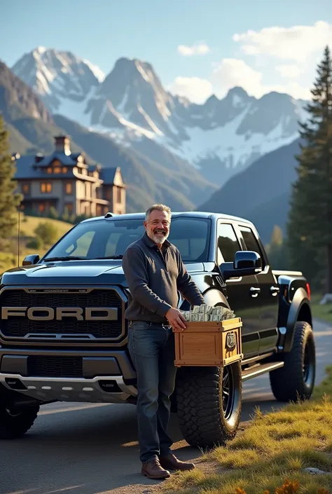 A man of 50 very happy with his Ford f150 Raptor pickup truck loaded the box of a pallet with millions of dollars a mansion in the background, mountainous environment 