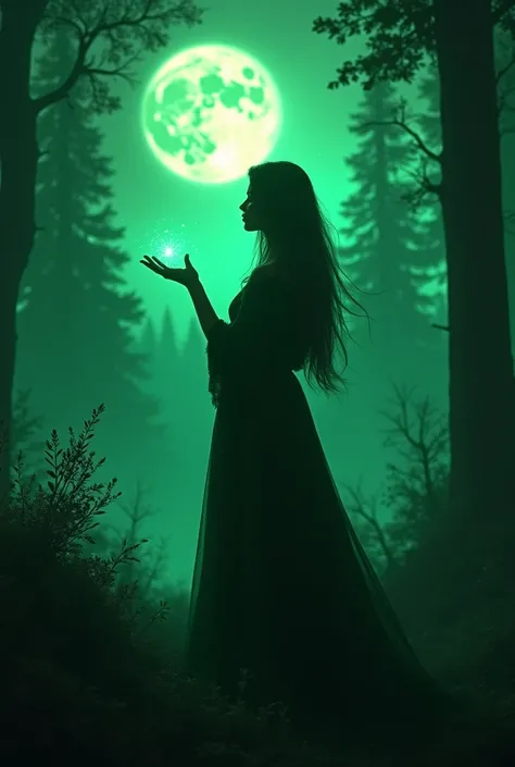  Make an image of a woman with hair below her shoulders and fingers ready to do magic , Facing forward but with her hand down with a green background and she only with her silhouette in shade and a forest and the moon behind her, completely green as if it ...