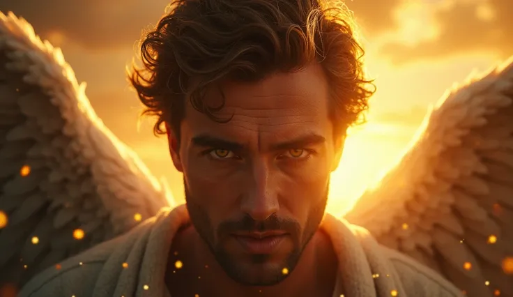 "A striking close-up of the face of an imposing male angel, with bright, piercing eyes that convey mystery and authority. His face is strong and expressive, illuminated by a heavenly golden light emanating from behind him. The surrounding shadows create a ...