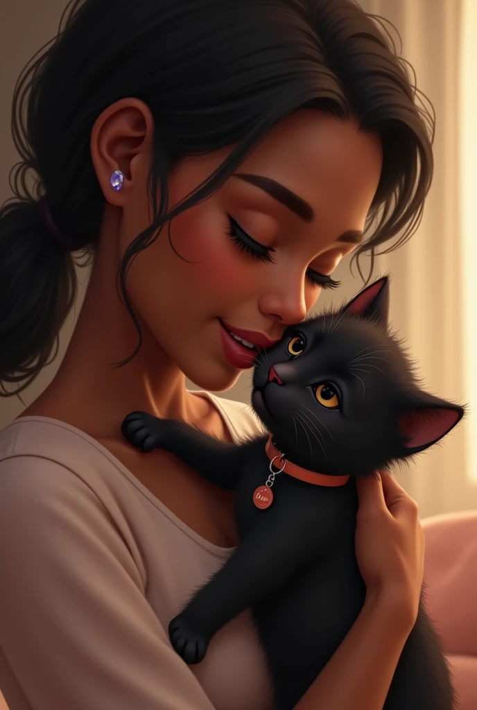 Create the image of a 25-year-old dark-skinned girl with her black kitten and who says her name Luna on the kitten's necklace