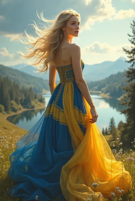 Swedish goddesses。1 person。Beautiful Goddess。I'm wearing a Swedish flag dress。