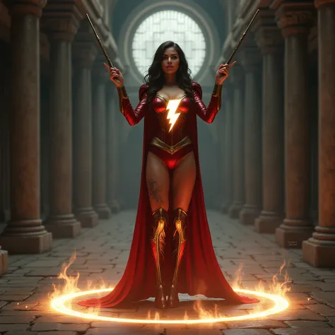 - Photorealistic with perfect details, Cinematic, Masterpiece, HD, Sexy CGI.

- Beautiful woman "Venezuela", Brownish Black Hair, sparkling eyes, expressive face.

- Wearing a costume ("Full Sexy Armor"), a costume that embodies the form of "Wizard Shazam-...