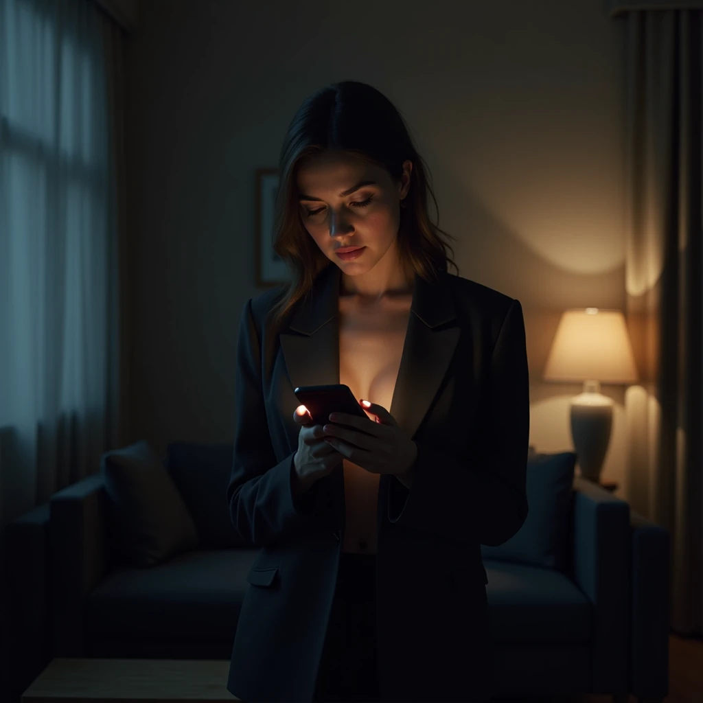 woman with a mobile phone in hand standing in the middle of living room, dim light at night 