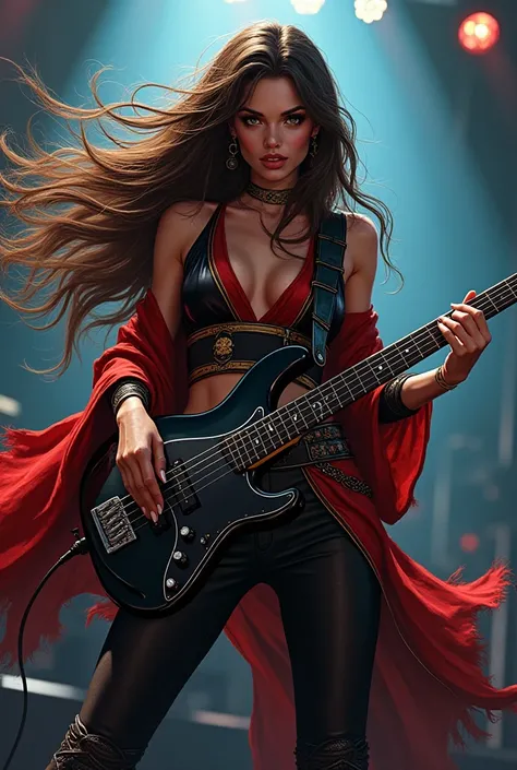 Female bass player with long brown hair wearing sexy samurai clothing from comic manga