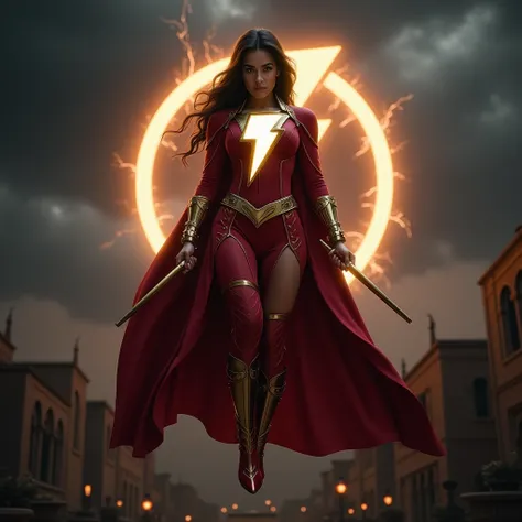 - Photorealistic with perfect details, Cinematic, Masterpiece, HD, Sexy CGI.

- Beautiful woman "Venezuela", Brownish Black Hair, sparkling eyes, expressive face.

- Wearing a costume ("Full Sexy Armor"), a costume that embodies the form of "Wizard Shazam-...