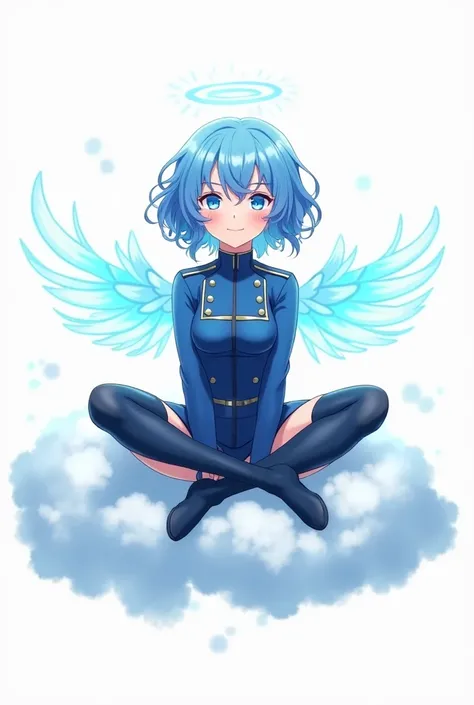  Young adult girl with short curly blue hair,happy smile with angel wings ,blue military clothing,blue boots, blue eyes, with blue energy in her body ,Sitting on a cloud , On white background ,2D anime version 