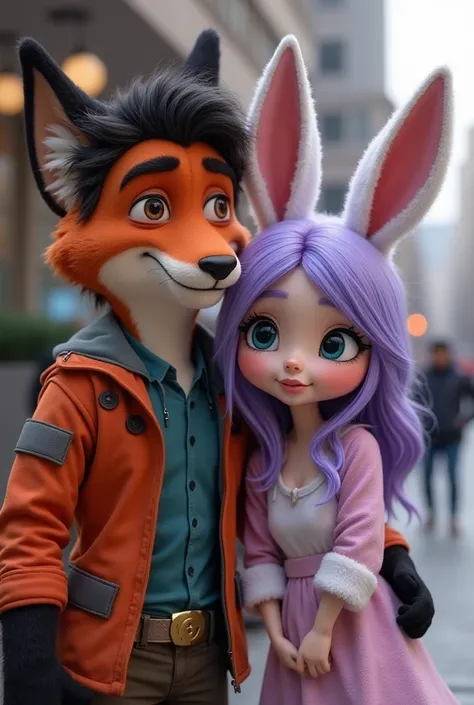 Real Life 25-year-old white-skinned man ,  short wavy black hair with blue eyes thick eyebrows with a fox cosplay from Zootopia and with a 21-year-old white-skinned girl with long purple hair with brown eyes cosplaying a Zootopia bunny 