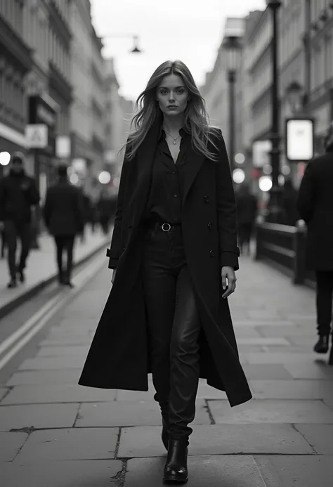 attractive woman, full body, the streets of London, black and white photography, long shot, cinematic scene