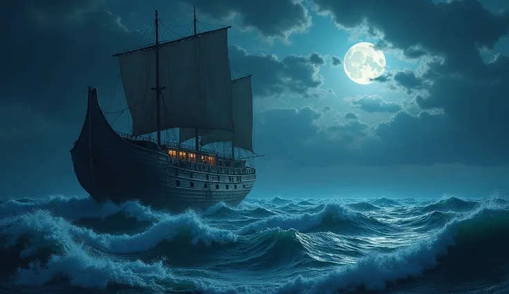 Noah's ark sailing in front of the full moon at night. Draw the ark with sails. Let blue colors predominate. Make the sea wavy. Make it big, wooden, old-looking and two-story ship. Let the angle of the visual be a distant view looking at the nose of the sh...