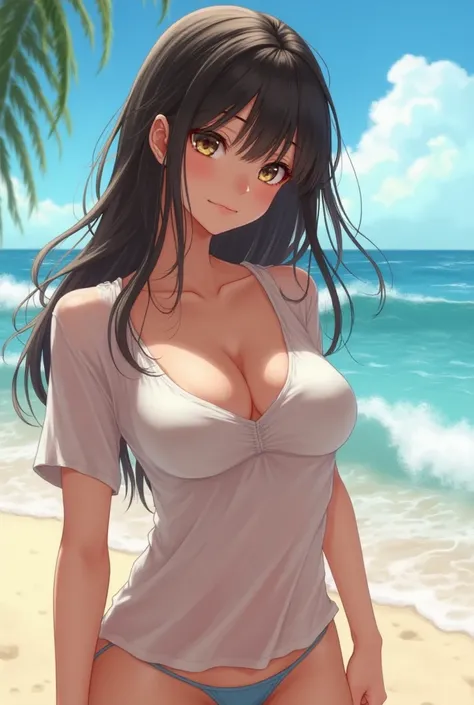 Busty, tan anime girl on a beach, in a wet, transparent, white T-shirt.