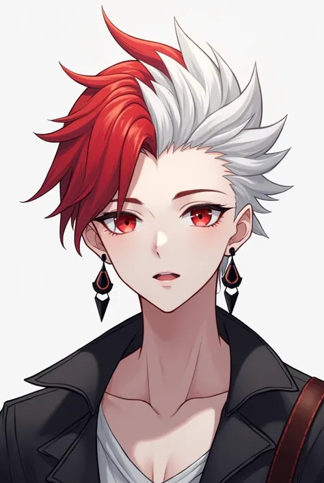  A male anime character with red eyes, white hair with a red patch ,  side of the hair shaved with a gradient,  with loose and slightly modern clothes , And with earrings on the ears 