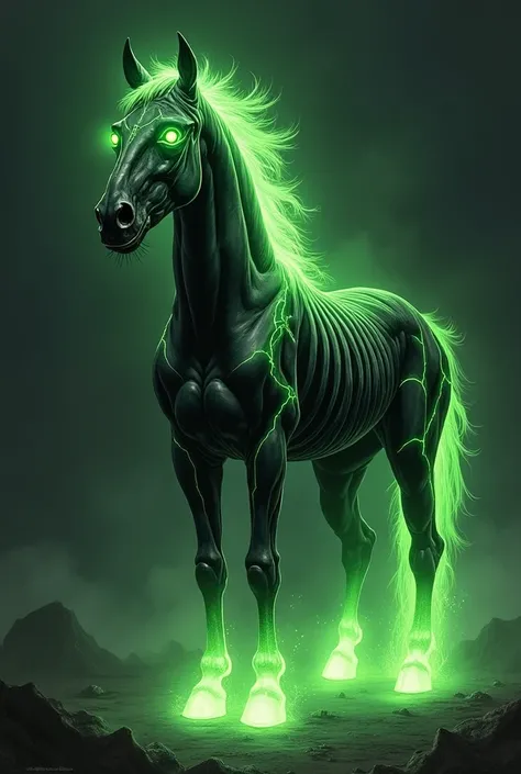 Impeccably and fiercely beautiful black spectral soul horse, his eyes shine with a strong green light, his mane and paws are a brilliant green fire, cadaveric aspect, undead, the bones of your body and face are exposed, equipped with mount, perfect drawing...