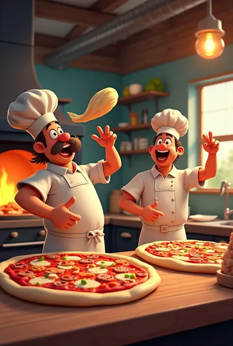 Create an animation featuring lively, expressive chefs making pizza in a vibrant kitchen. The characters should be diverse and engaging, each with unique personalities and movements. The scene includes:

A chef tossing pizza dough in the air with smooth, e...