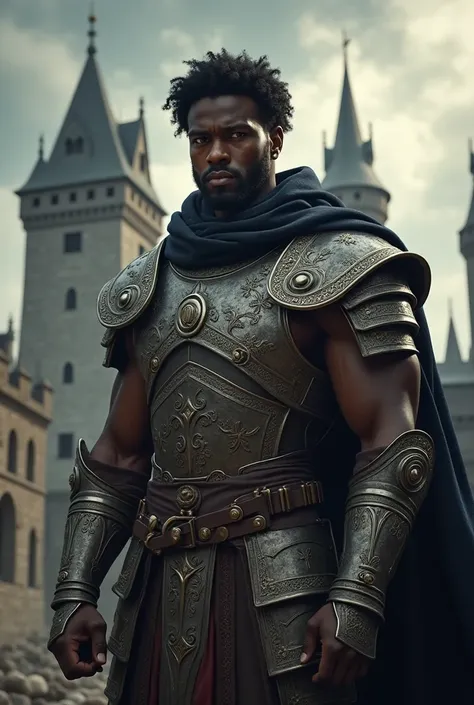 Create the image of a black human man, with curly black hair, Medieval Aesthetics, realistic