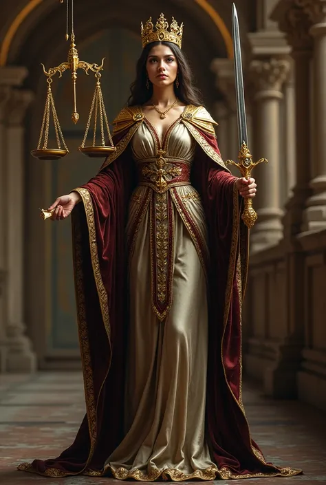 " Create a majestic image of Magdalena , personifying justice and law .  It represents Magdalena in a royal robe and golden details,  holding a scale and a sword .  The background should be a grand and ornate architecture ."  in the image you create give i...