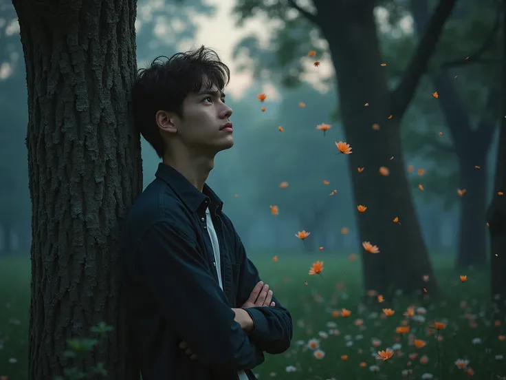 MY VALUE - AN 18-YEAR-OLD MAN LOOKING UP AT THE SKY LEANING AGAINST TREES AND FLOWERS FALLING AT NIGHT