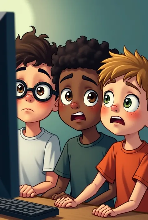 trio of boys , The first white with black-framed glasses,  the dark brown curly hair and dark brown eyes. The second dark brown , wavy black hair and black eyes. Tercer Pardo , Smooth dark blond hair and green eyes.With the first on the left the second in ...