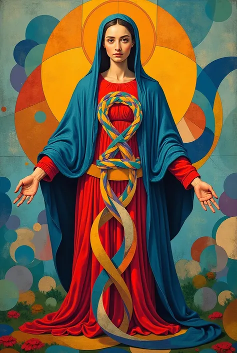 "The Virgin in an Abstract World "**
 A modern and abstract interpretation ,  with geometric shapes and vibrant colors .  The Virgin unties knots that are transformed into lines and circles,  symbolizing harmony and divine order .