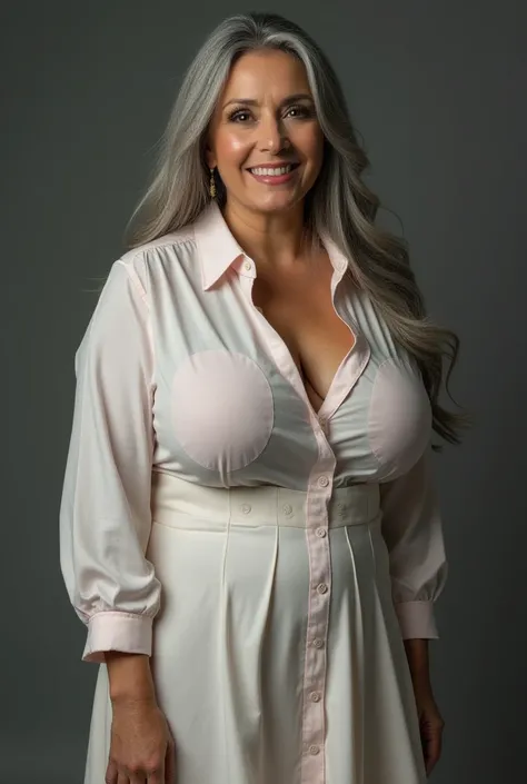 A beautiful, Matron-like woman with unusually large, round breasts, (((thin body))), pleasant smile,  living, flared skirt shirt dress with shirt cufftop ,  long gray hair , realistic profile picture,  looks straight at camera , Her boobs are huge, plump ,...