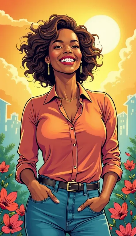 A comic book style image of an adult American woman, radiating happiness and a sense of accomplishment. She is dressed in casual and tasteful clothing, such as a blouse and jeans, with a friendly and approachable appearance.  The background is vibrant and ...