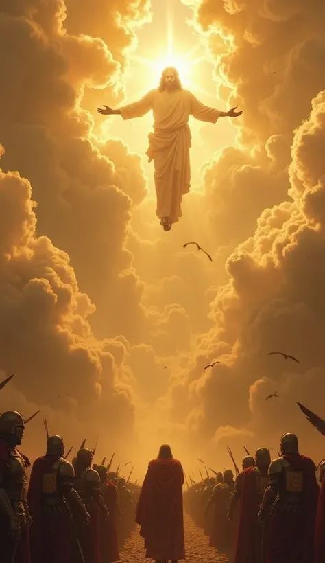 Heavens opening with golden clouds, a colossal heavenly figure with immense brilliance and together with the clouds, an exemacides of winged angels in armor, some with animal heads, wings, enormous and right down on the front of the battle, Jesus hanging i...