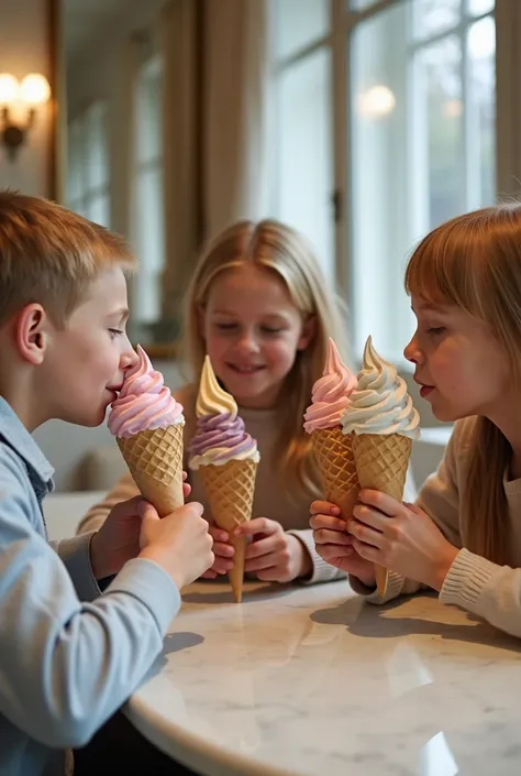 A group of young Swedish boys and girls sitting together in an elegant ice cream parlor, each enjoying their own large, decadent ice cream cone. The ren, with blonde hair and fair skin, are dressed in high-end, minimalist fashion that reflects their elevat...