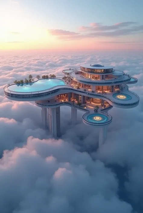 An UNBELIEVABLE, next-level, ultra-futuristic mega-mansion floating in the sky, suspended by hidden, high-tech support structures above an endless sea of clouds. This is not just a house—it's a private floating city, with interconnected glass bridges, lush...