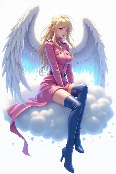   Young adult woman with angel wings , blond hair,pink military clothing,blue boots, pink eyes,  with blue energy in her body  ,sitting on a cloud ,  On white background  ,2D anime version 2 .0