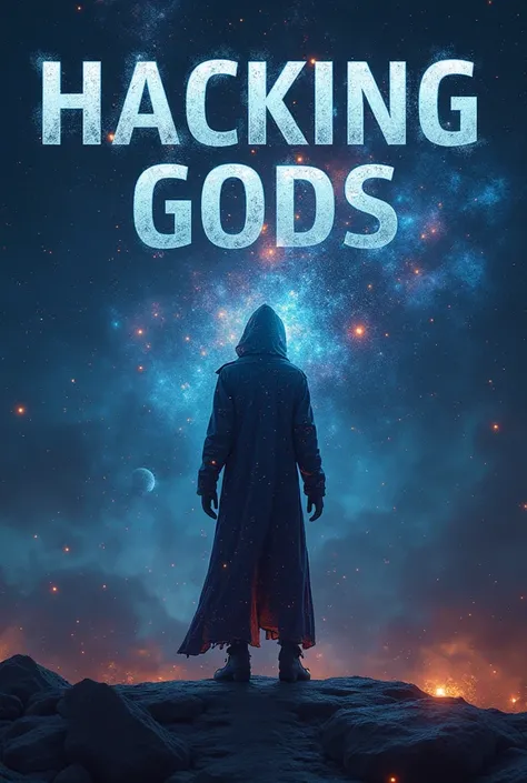 realistic, futuristic book cover showing the title (HACKING GODS) humanoid figure shines against the backdrop of the universe