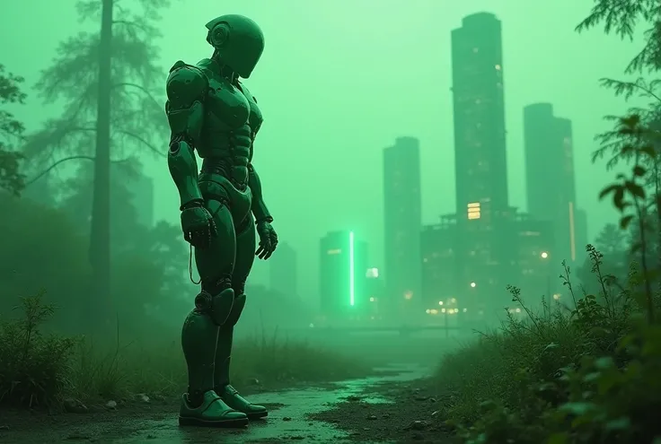 Create a futuristic cyberpunk-style image in shades of green where there is a male full-body robot, not so rude but a wild robot style, on the left of the image, in a futuristic natural environment with a city background