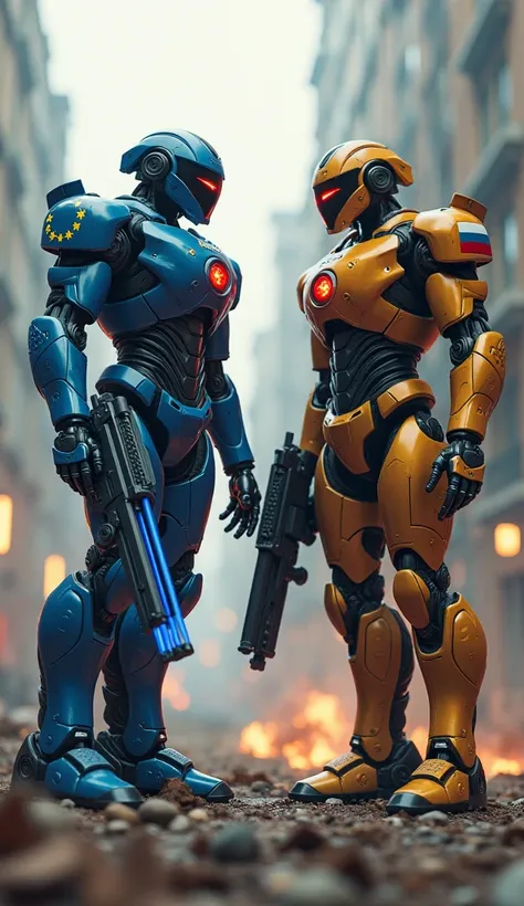 A highly detailed, ultra-sharp futuristic battle scene featuring two war robots, one representing the European Union and the other representing Russia. The European Union robot stands tall and powerful, with a sleek metallic blue and gold design inspired b...