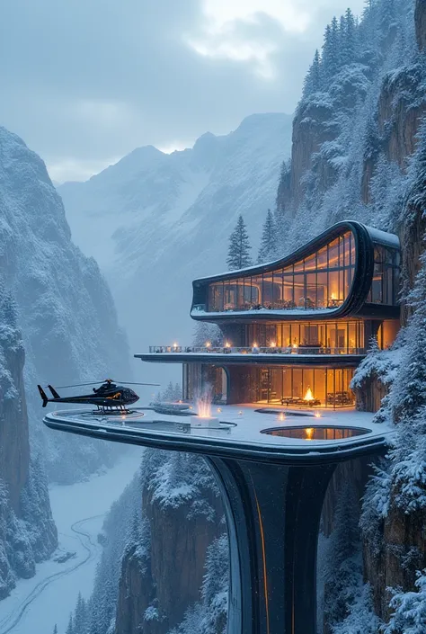 A jaw-dropping, ultra-futuristic MEGA-MANSION spanning across two colossal, snow-covered mountain peaks, connected by massive glass bridges and illuminated skywalks. The structure is so massive that it looks like an entire floating city in the middle of th...