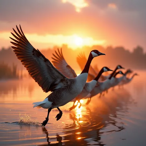 An award-winning, hyper-realistic photograph of a majestic Canada goose leading its flock in a synchronized flight formation at sunrise. The lead goose is captured in stunning detail, its powerful wings mid-flap, feathers intricately textured and glistenin...