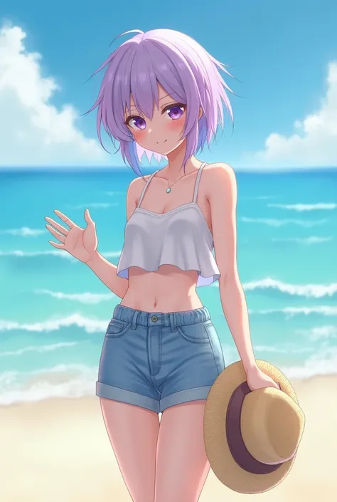 Realistic female with short, messy, pastel purple and pastel blue gradient colored hair. She has a small frame, and is wearing a small sleeveless crop-top, and daisy dukes. She has a straw hat in her lowered hand. She has fierce purple eyes, that are fille...