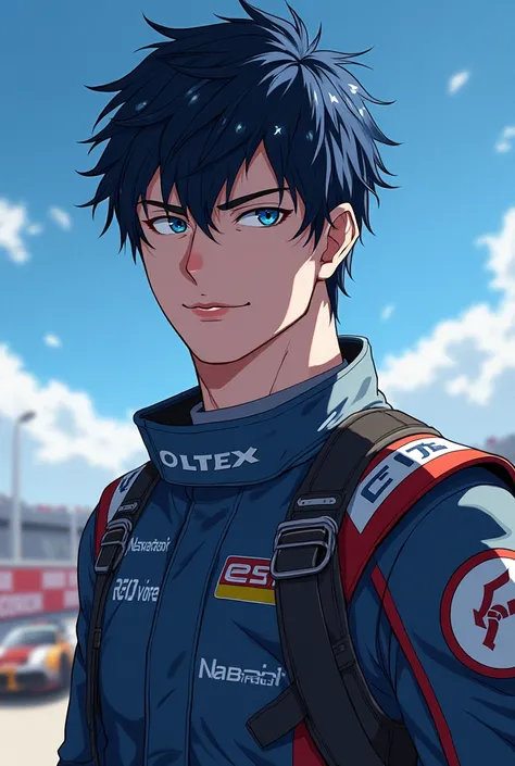 a serious man of about 27 years old with cold expressions, Auto racing racer,  of white skin, black hair with blue sparkles, blue eyes with a toned body.  with an anime drawing style 