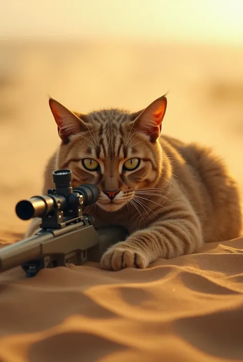 Desert Warfare: Battle-Ready Cat Sniper"
A desert-camouflaged military cat lies low on a sand dune, its fur blending with the harsh terrain. It grips a sniper rifle, adjusting its scope as a sandstorm rages around it. The golden sunlight pierces through th...