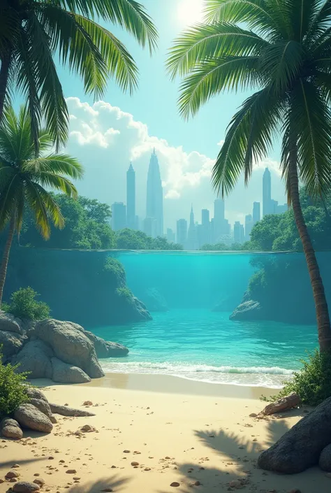 A beautiful beach over a flooded city ocean