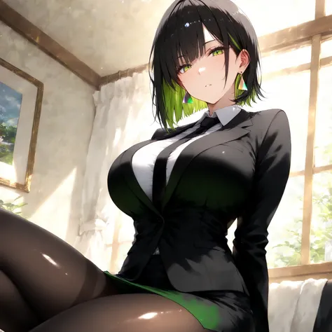 masterpiece, (((( best quality )))),1 girl, Japanese Anime ,,shiny skin, wearing a black suit,skirt suit, black tie , dark hair, short bob hair,The inner color of the hair is green, green eyes,isosceles triangle earrings, black tights,large breasts,