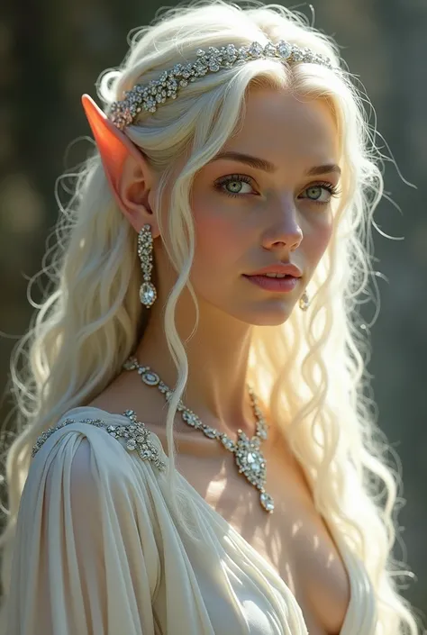  Create an image of an elf with the following description of appearance Graceful and serene ,  with light silver-blond hair ), gentle and welcoming features ,  bright eyes and an elegant appearance typical of elven royalty .
She must wear clothes in light ...