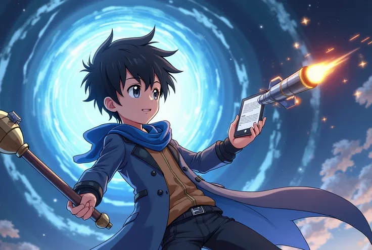 Japanese animation art.
A futuristic young boy magician is casting a powerful spell, summoning a massive rocket weapon from a glowing portal. He holds a metallic staff emitting arcane energy in one hand while controlling a floating tablet with an installed...